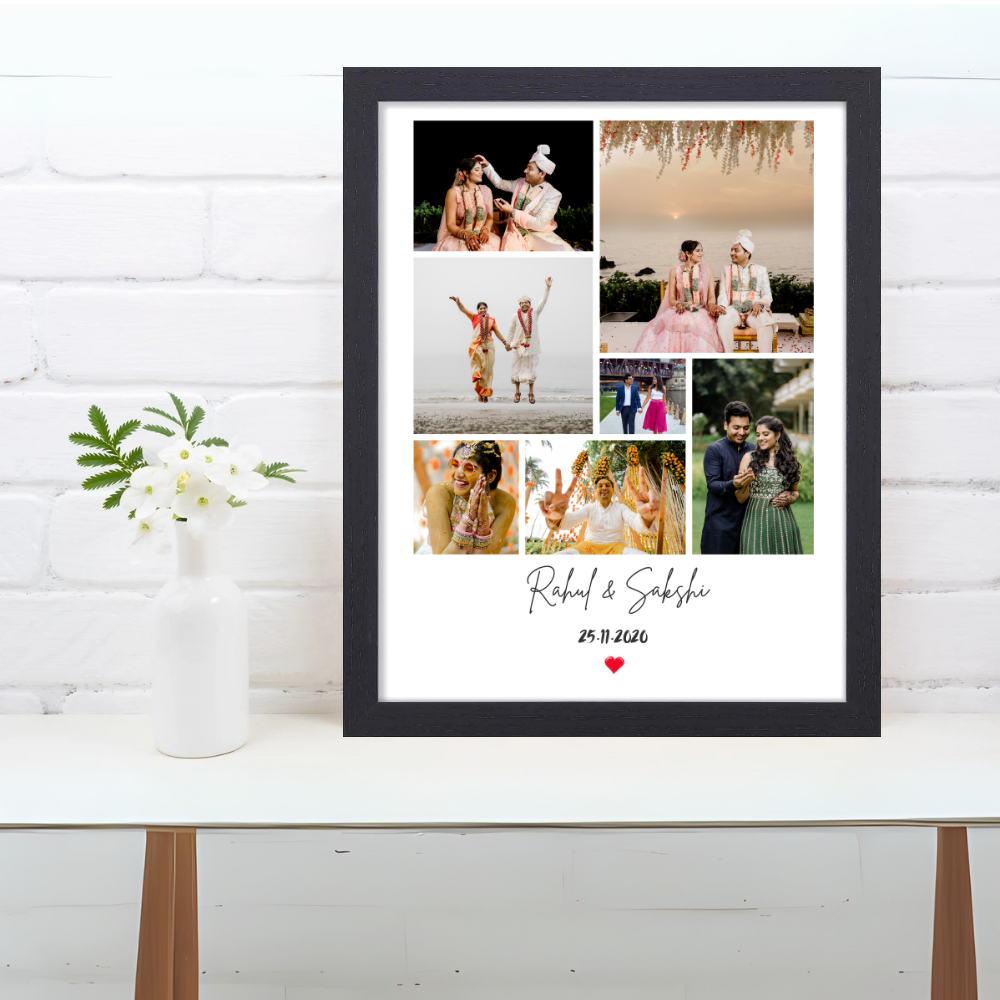Personalized Wedding Photo Collage Frame | Custom 8-Photo Couple Picture Frame with Name & Date