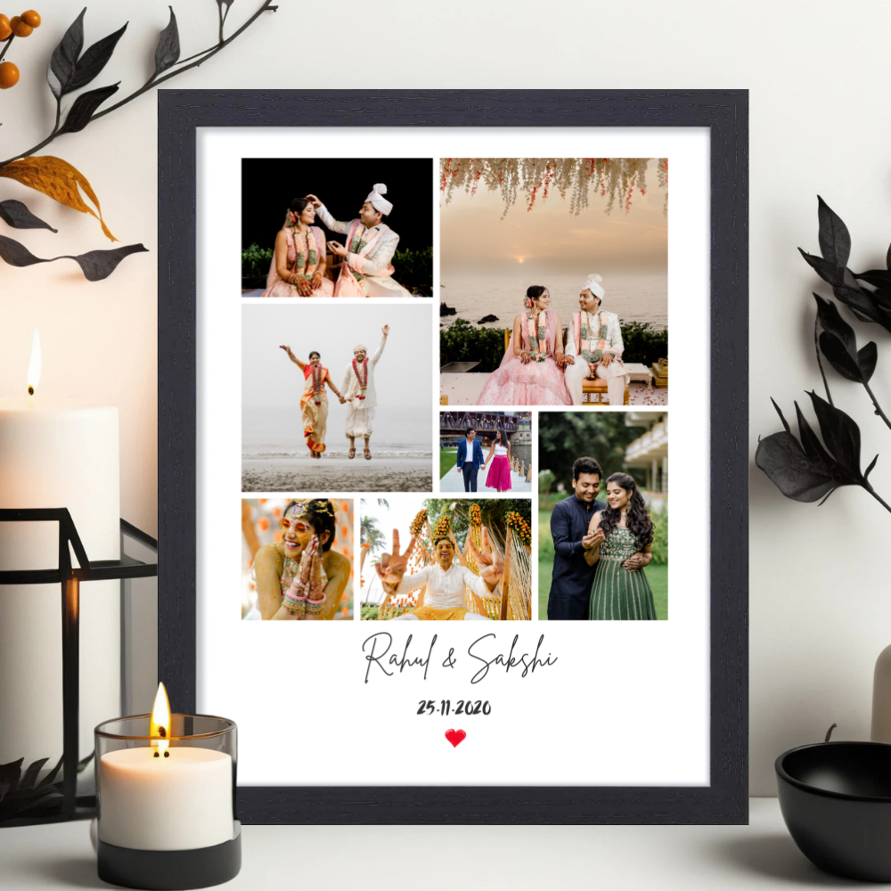 Personalized Wedding Photo Collage Frame | Custom 8-Photo Couple Picture Frame with Name & Date