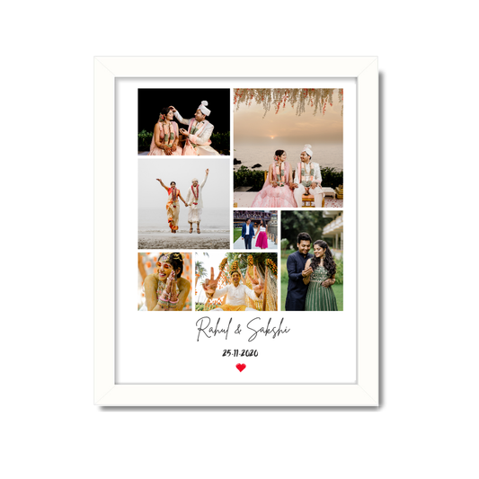 Custom Wedding Photo Collage Frame – 8 Photo Grid with Name & Date White Frame Wall Decor (Available in Poster, Frame & Canvas) Personalized Couple Gift for Wedding & Anniversary, Capture the magic of your special day with this elegant custom 8-photo wedding collage frame. Designed in a modern layout and presented in a clean white frame, this personalized artwork features your favorite couple moments, names, and wedding date. Styled beautifully with candles and soft background decor