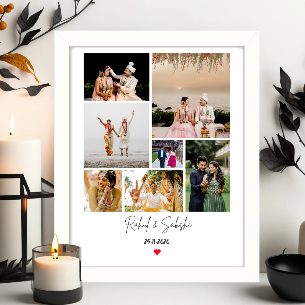 Customized Photo Collage Frame – 8 Photo Grid with Name & Date | White Frame Wall Decor