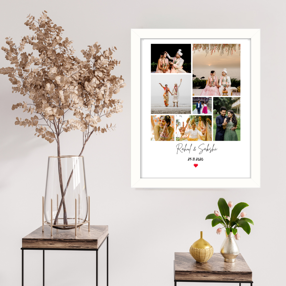 Customized Photo Collage Frame – 8 Photo Grid with Name & Date | White Frame Wall Decor