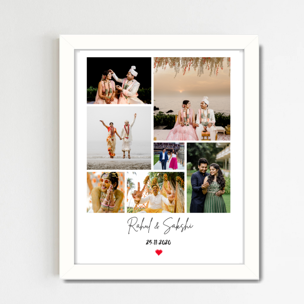 Customized Photo Collage Frame – 8 Photo Grid with Name & Date | White Frame Wall Decor