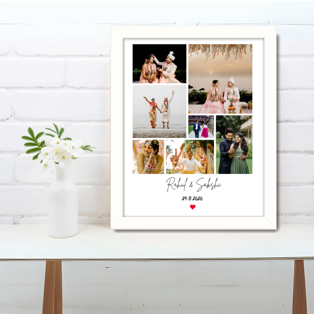 Customized Photo Collage Frame – 8 Photo Grid with Name & Date | White Frame Wall Decor