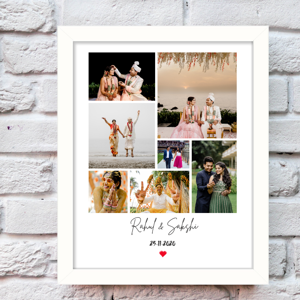 Customized Photo Collage Frame – 8 Photo Grid with Name & Date | White Frame Wall Decor