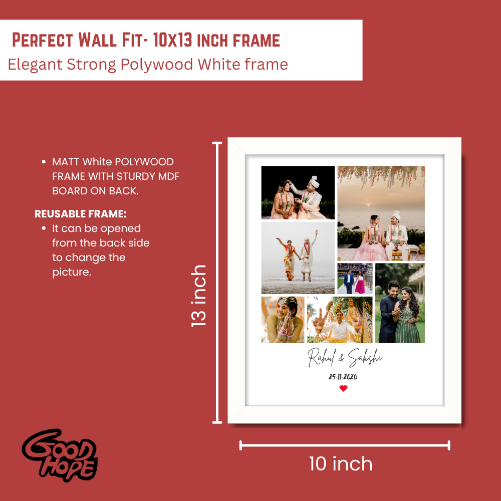Customized Photo Collage Frame – 8 Photo Grid with Name & Date | White Frame Wall Decor