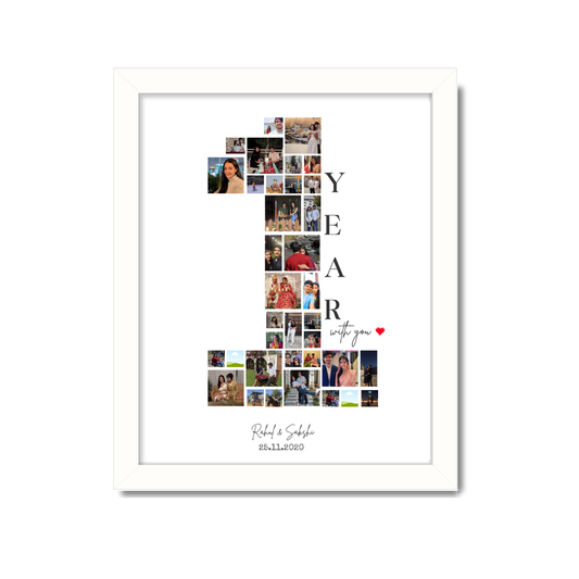 1 year anniversary gift, custom 1st year photo frame, personalized photo collage for 1 year or 1 Month Baby, white frame love collage, one year together gift, relationship milestone photo frame, custom wall art for anniversary, romantic couple gift, canvas with 1 year memories, gift for him or her, framed collage with date and names, Family Collage Gift one year love story poster, first anniversary keepsake