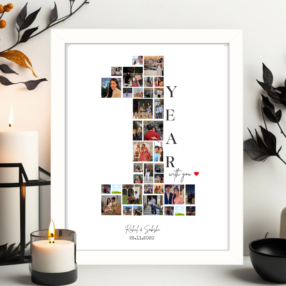 Custom 1 Year Anniversary Photo Collage Frame – White Frame Wall Art with Name & Date for cuples 1 Year or 1 Month baby