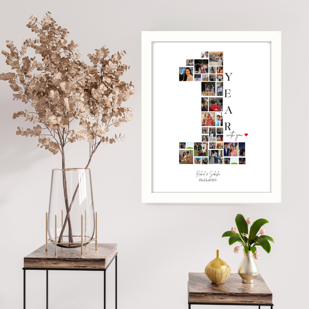 Custom 1 Year Anniversary Photo Collage Frame – White Frame Wall Art with Name & Date for cuples 1 Year or 1 Month baby