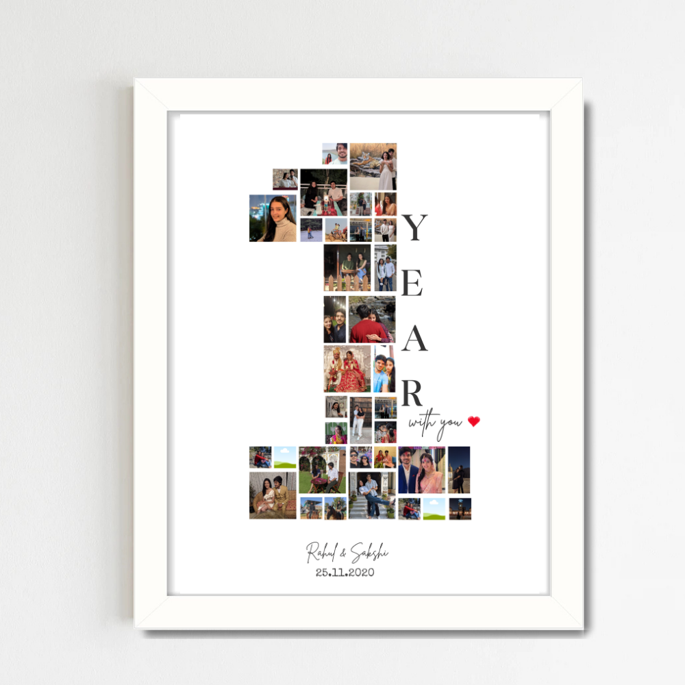 Custom 1 Year Anniversary Photo Collage Frame – White Frame Wall Art with Name & Date for cuples 1 Year or 1 Month baby