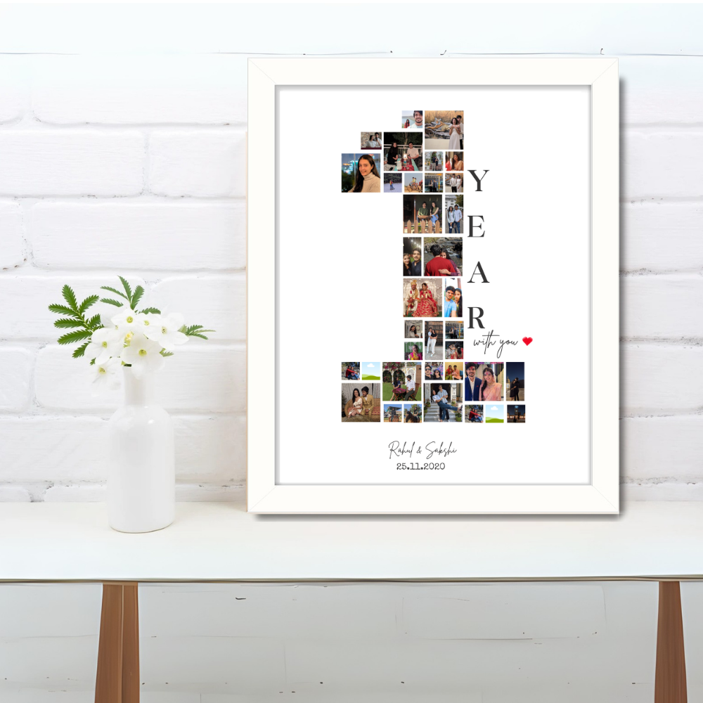 Custom 1 Year Anniversary Photo Collage Frame – White Frame Wall Art with Name & Date for cuples 1 Year or 1 Month baby