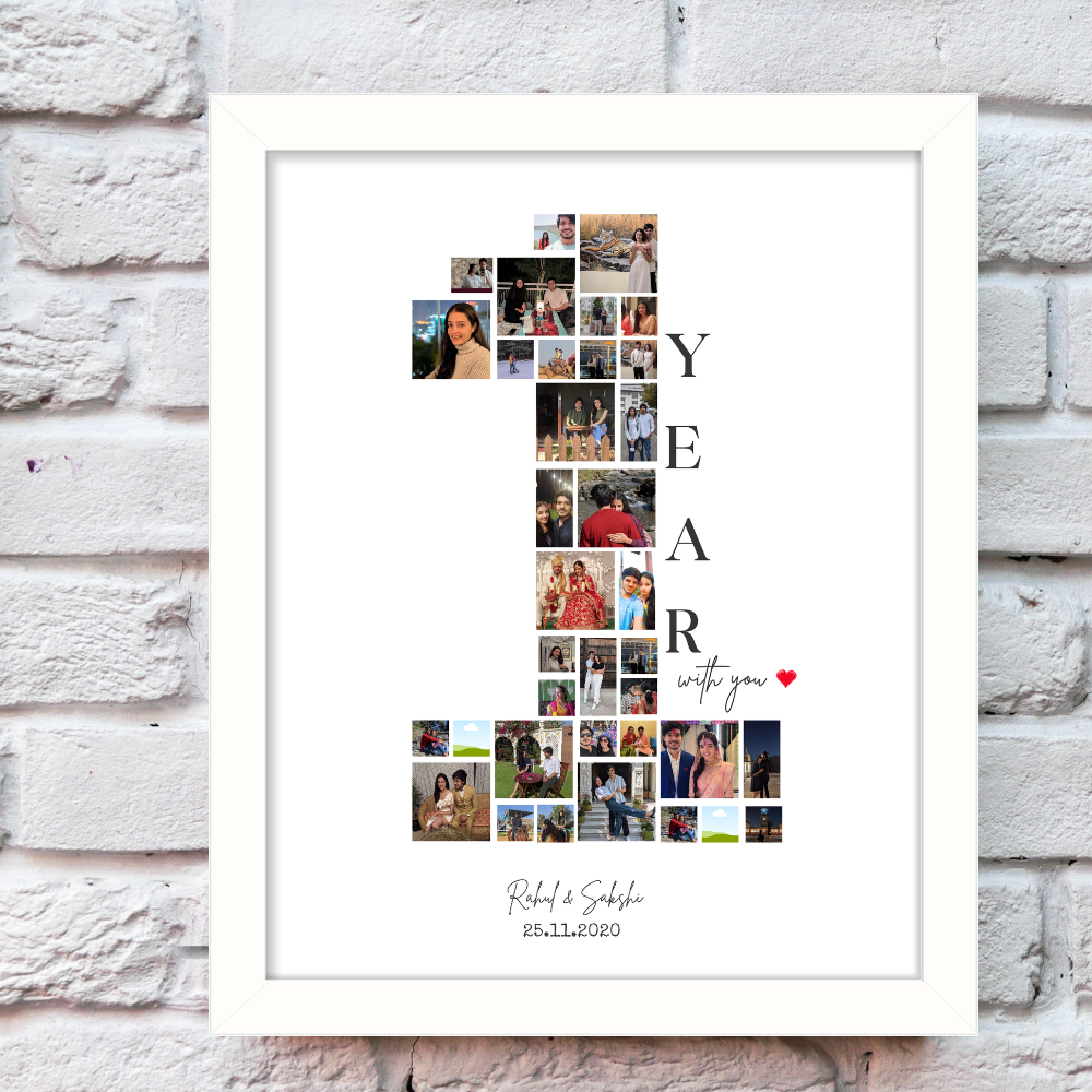 Custom 1 Year Anniversary Photo Collage Frame – White Frame Wall Art with Name & Date for cuples 1 Year or 1 Month baby
