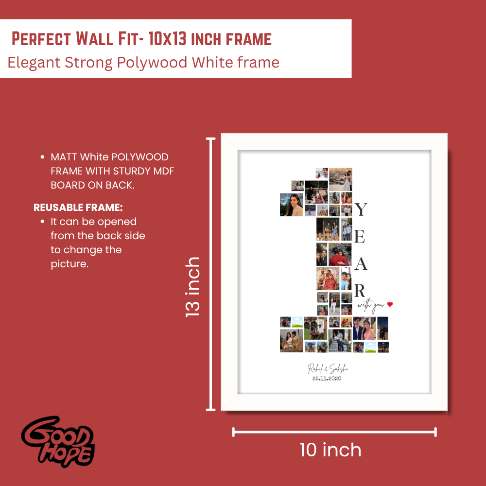 Custom 1 Year Anniversary Photo Collage Frame – White Frame Wall Art with Name & Date for cuples 1 Year or 1 Month baby
