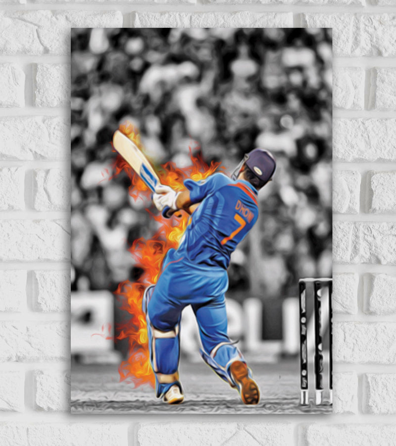 MS Dhoni Indian cricket player World Cup Trophy Cricketer Sports Player Cricket World Cup T20 IPL Blue Black & White Matte Finish Wall Decor Posters Frame