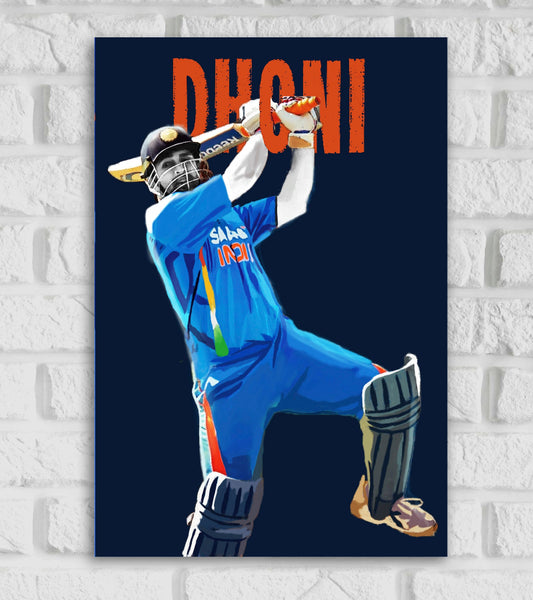 MS Dhoni right-handed batter and a wicket-keeper Indian Cricketer Sports Player Cricket Games World Cup T20 IPL Blue & Orange Color Matte Finish Wall Decor Posters Frame