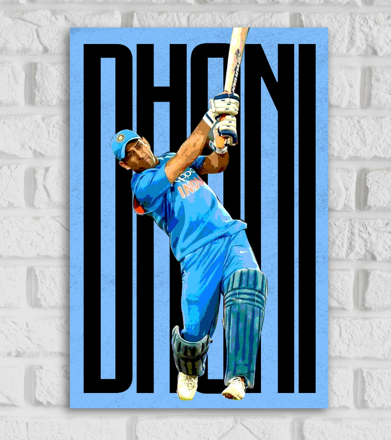 MS Dhoni right-handed batter and a wicket-keeper Indian Cricketer Sports Player Cricket Games World Cup T20 IPL Blue & Orange Color Matte Finish Wall Decor Posters Frame