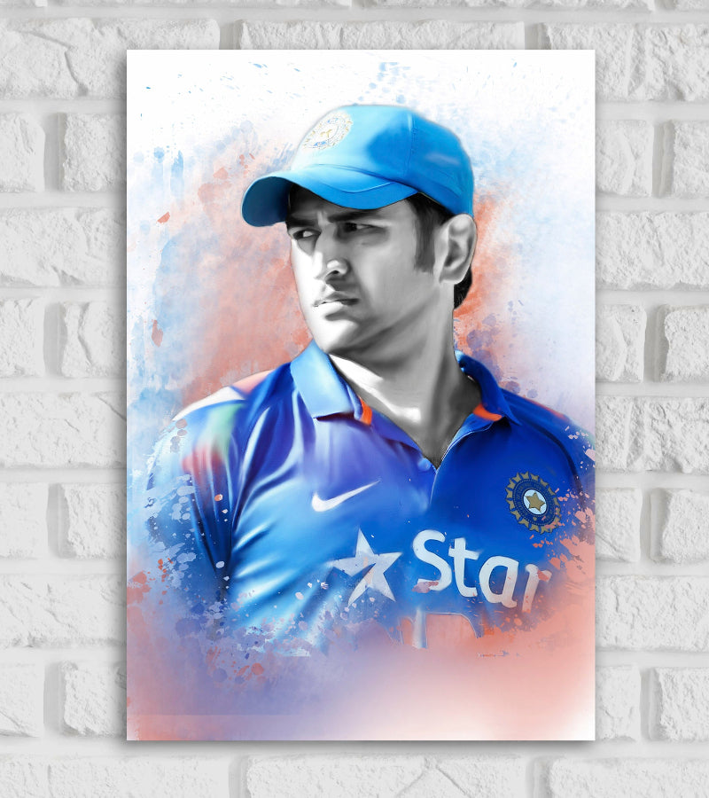 MS Dhoni right-handed batter and a wicket-keeper Indian Cricketer Sports Player Cricket Games World Cup T20 IPL Blue & Orange Color Matte Finish Wall Decor Posters Frame