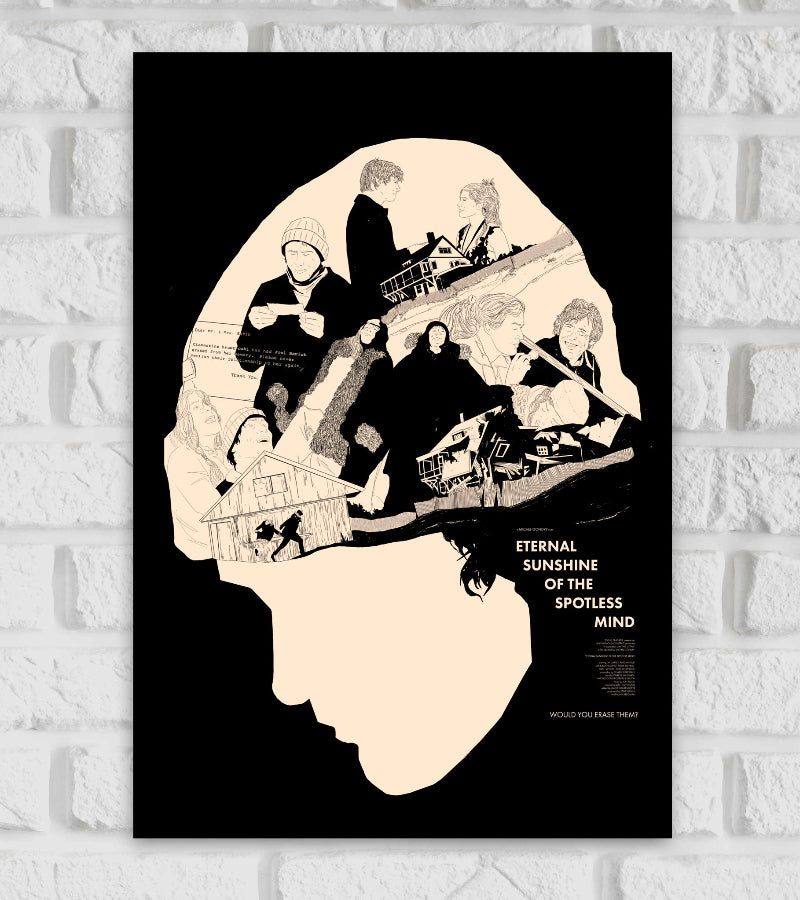 Poster of Eternal Sunshine of the Spotless Mind featuring the silhouette of a head filled with hand-drawn scenes from the movie, including characters interacting, houses, and memories. The background is solid black, and the film’s title appears on the right side in white letters, along with the tagline "Would you erase them?" The design captures the film’s themes of memory and emotional connection Hollywood Action Drama Thriller Series Movie