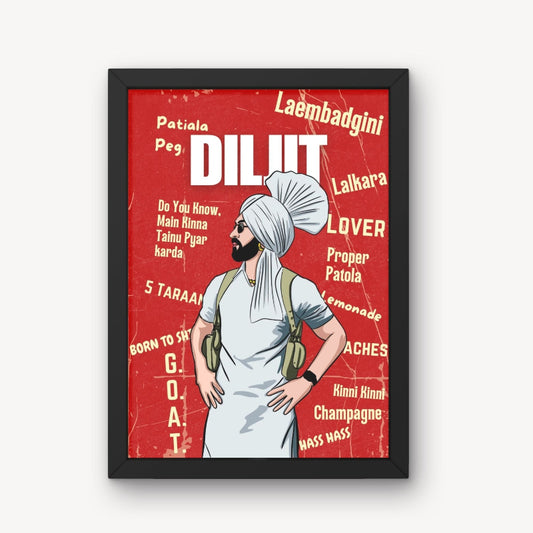 Diljit Dosanjh Indian Singer Film & Television Actor Red Color Framed Posters Music Artist Pop Art Framed Poster