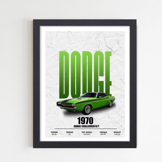 1970 Dodge Challenger R/T poster, green Dodge muscle car wall art, framed car poster vintage Dodge wall decor, classic American car print, muscle car frame artwork, garage decoration poster, Dodge car lover gift, retro car print, automotive wall art, Dodge R/T framed print, Car Wallpaper, Car Frames, car Posters for garage.  Highlighting a vibrant green finish and featuring key specs 390 HP, 7.2L engine, 230 km/h top speed, and 664 Nm torque this poster is a must-have for car lovers and vintage collectors.