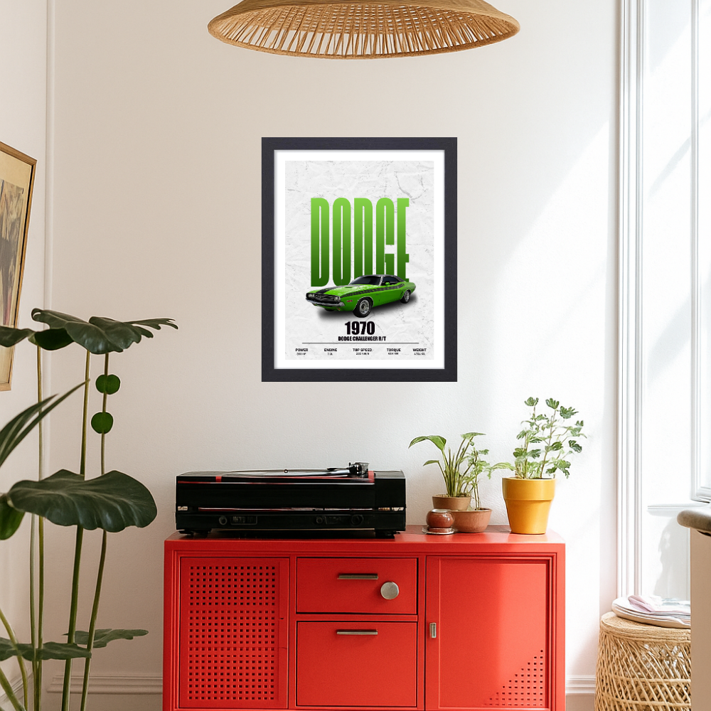 1970 Dodge Challenger R/T Poster Frame, Framed Car Wall Art, Vintage Print for Garage, Man Cave, Office, or Home Decor Living Room, Sports, Study Room Bedroom Hostel Boys