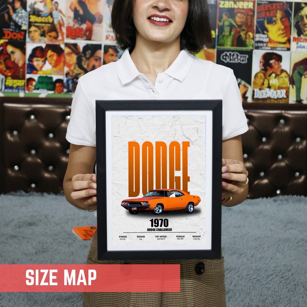 1970 Dodge Challenger Framed Poster, Bright Orange Vintage Muscle