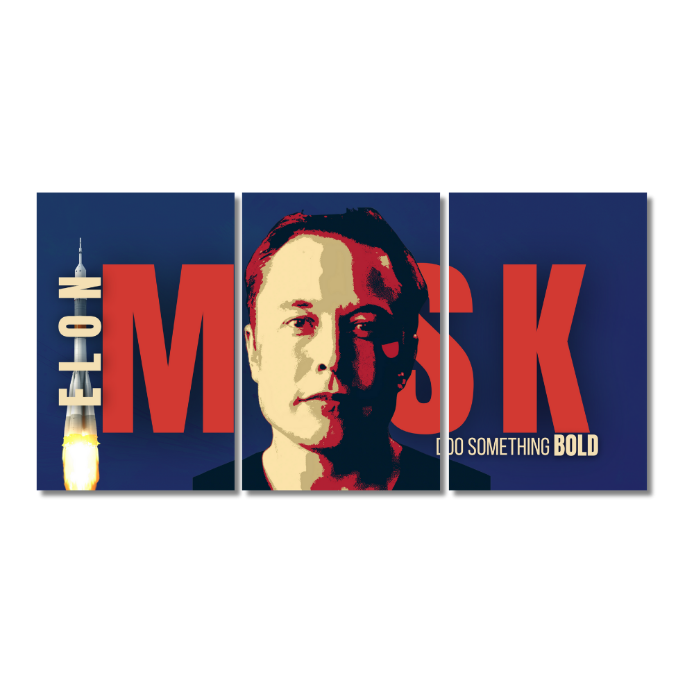 Three-piece wall poster featuring Elon Musk with a bold red “MUSK” text, vertical “ELON,” and rocket launch on a dark blue background, including a central pop-art style portrait and the quote “Do Something Bold,” available in 12x18 inch or 9x12 inch sizes.