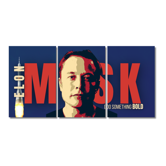 Three-piece wall poster featuring Elon Musk with a bold red “MUSK” text, vertical “ELON,” and rocket launch on a dark blue background, including a central pop-art style portrait and the quote “Do Something Bold,” available in 12x18 inch or 9x12 inch sizes.