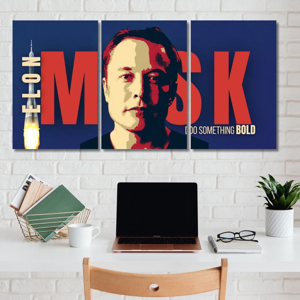 Elon Musk 3 Split Poster – Motivational Wall Art with Bold Typography and Rocket Launch Design