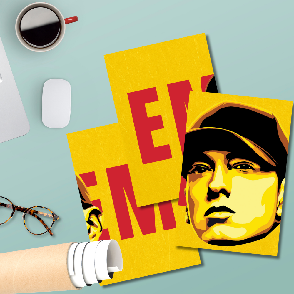 Eminem 3-Split Wall Poster – Bold Yellow and Red Pop Art Style