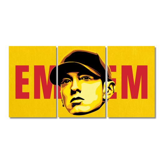 Eminem 3-Split Wall Poster – Bold Yellow and Red Pop Art Style
Three-panel wall poster of rapper Eminem in bold pop art style, featuring a yellow background with red "EM" text on each side and a stylized portrait of Eminem in the center wearing a black cap.