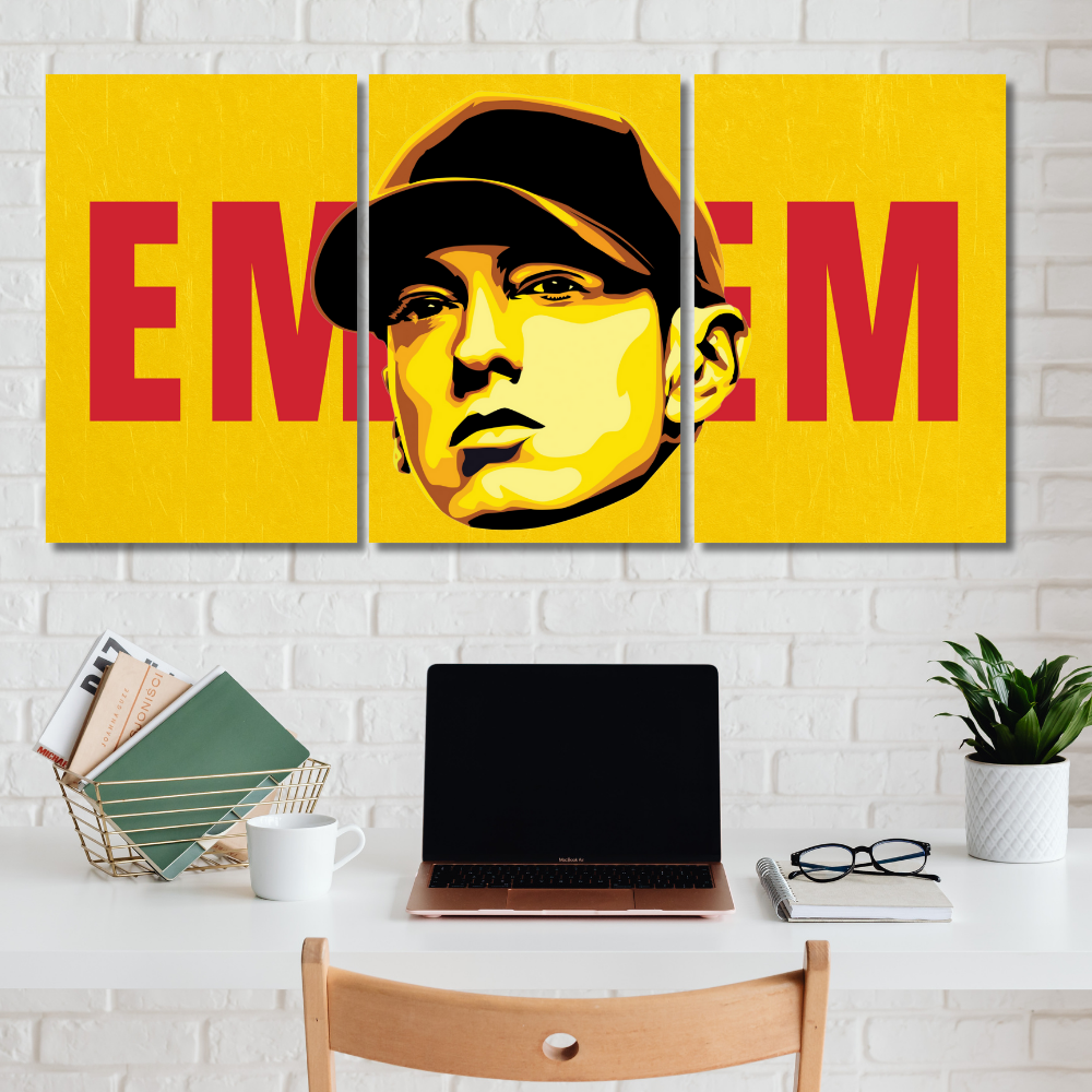 Eminem 3-Split Wall Poster – Bold Yellow and Red Pop Art Style
