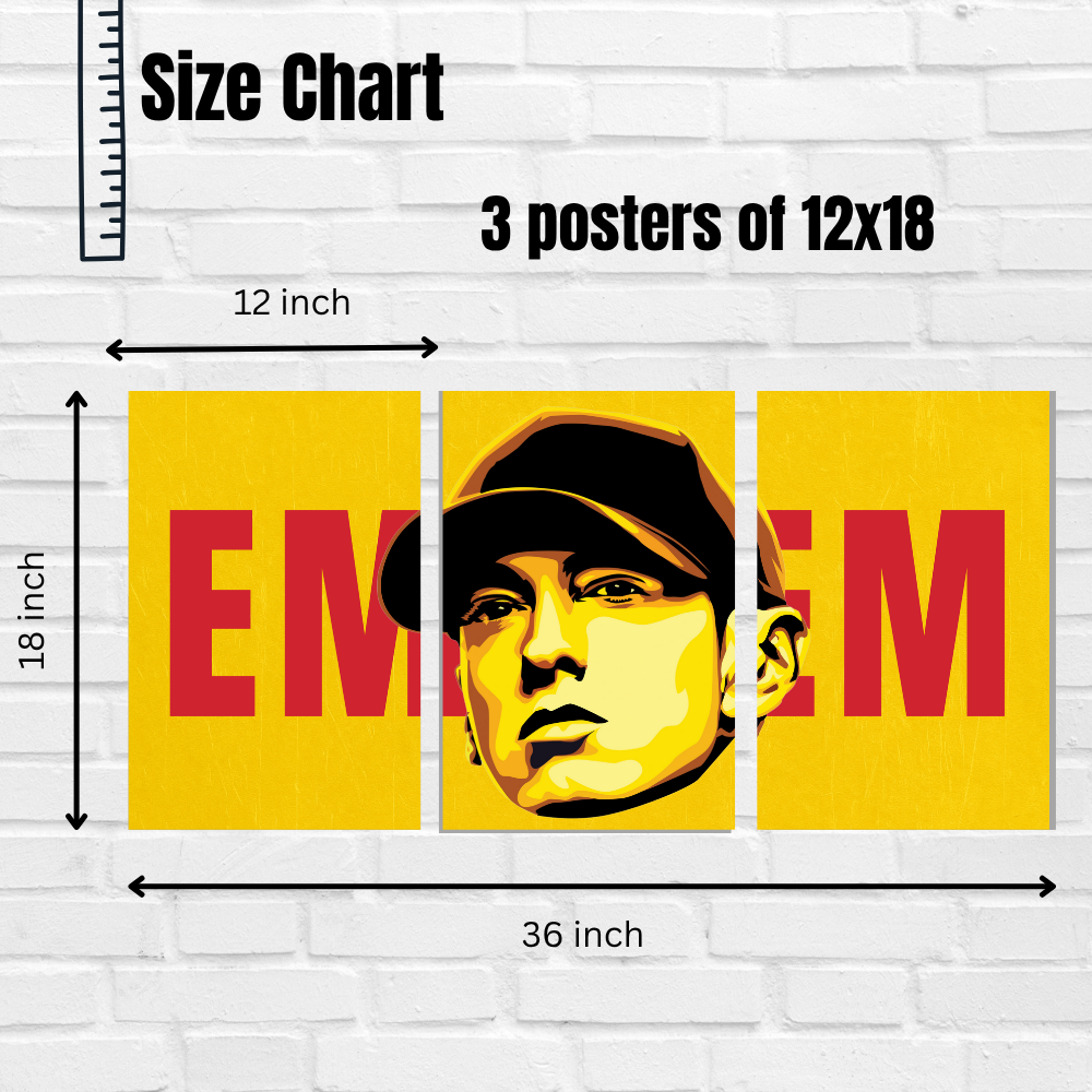 Eminem 3-Split Wall Poster – Bold Yellow and Red Pop Art Style