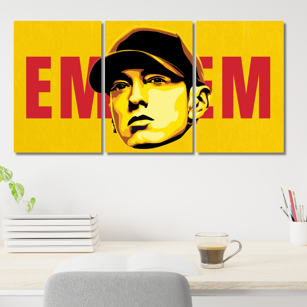 Eminem 3-Split Wall Poster – Bold Yellow and Red Pop Art Style