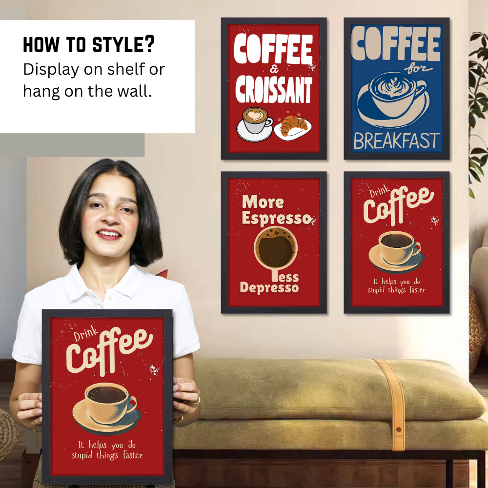 Coffee Quote Poster Frame Set of 4 Wall Framed Posters for Cafe Restraunt Coffee Photo Frames Paintings for wall decor Livingroom Kitchen Office Restro Decoration Items Cafe Painting