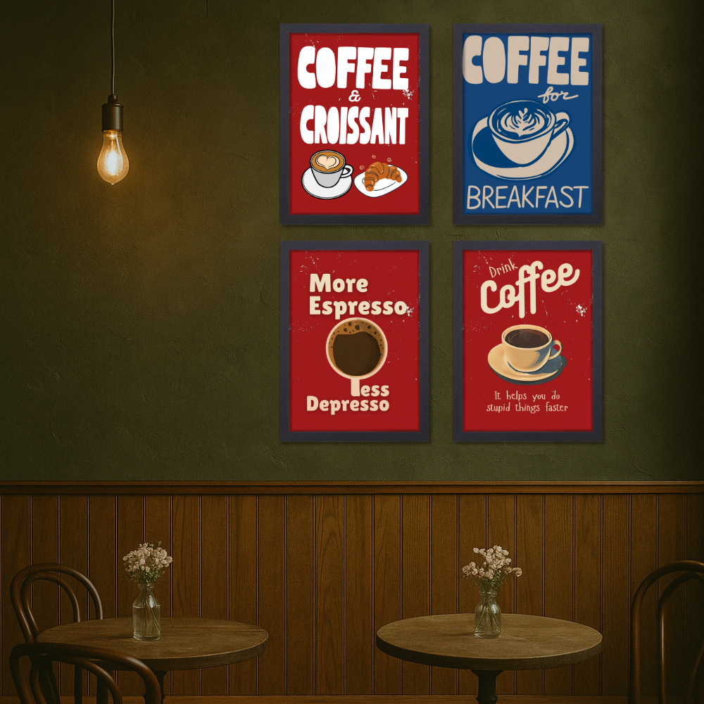 Coffee Quote Poster Frame Set of 4 Wall Framed Posters for Cafe Restraunt Coffee Photo Frames Paintings for wall decor Livingroom Kitchen Office Restro Decoration Items Cafe Painting