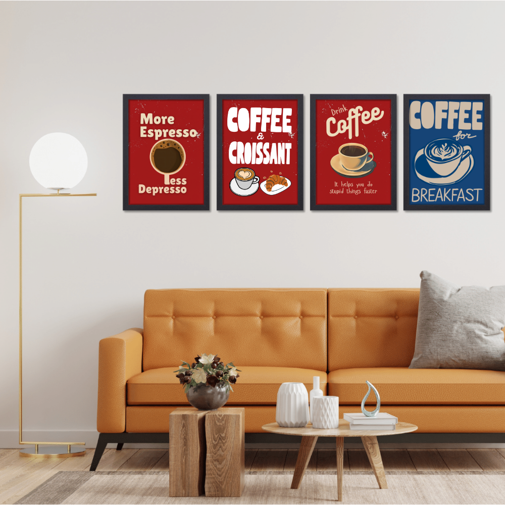 Coffee Quote Poster Frame Set of 4 Wall Framed Posters for Cafe Restraunt Coffee Photo Frames Paintings for wall decor Livingroom Kitchen Office Restro Decoration Items Cafe Painting