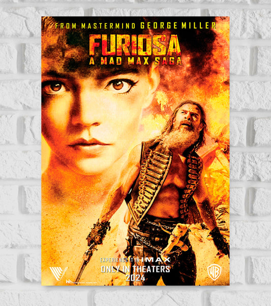 Poster of Furiosa: A Mad Max Saga featuring a fiery, post-apocalyptic background with a large close-up of Furiosa's intense face on the left and a rugged, armed warrior standing on the right. The title "Furiosa: A Mad Max Saga" appears in bold, distressed red and yellow text at the top. The poster highlights an action-packed, gritty atmosphere with flames and chaos, promoting Hollywood Action Adventure Drama Thrill Movies