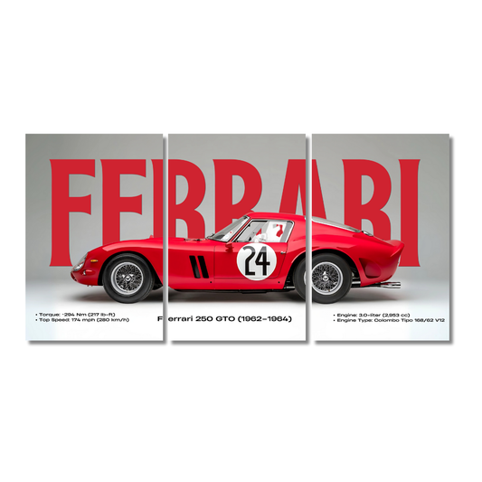 Ferrari 250 GTO 3-panel wall poster featuring a side profile of classic red race car with number 24 on a gray background and bold red "FERRARI" text, includes technical specifications Ferrari 250 GTO poster, vintage Ferrari wall art, classic race car print, Ferrari 24 artwork, retro car decor, collectible supercar poster, iconic Ferrari frame, luxury sports car art, Ferrari 1962 GTO print, Colombo V12 Ferrari, high-performance car poster