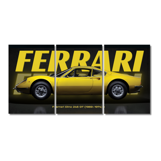 3-panel wall art of yellow Ferrari Dino 246 GT (1969–1974) side profile with bold FERRARI background text. Ferrari poster, Dino 246 GT wall art, classic car split poster, Ferrari wall decor, vintage sports car frame, yellow Ferrari artwork, garage car decor, Ferrari Dino 1969, luxury car wall print, retro Ferrari photo frame. The Ferrari Dino 246 GT (1969–1974) is an iconic Italian sports car Yellow Sports Car