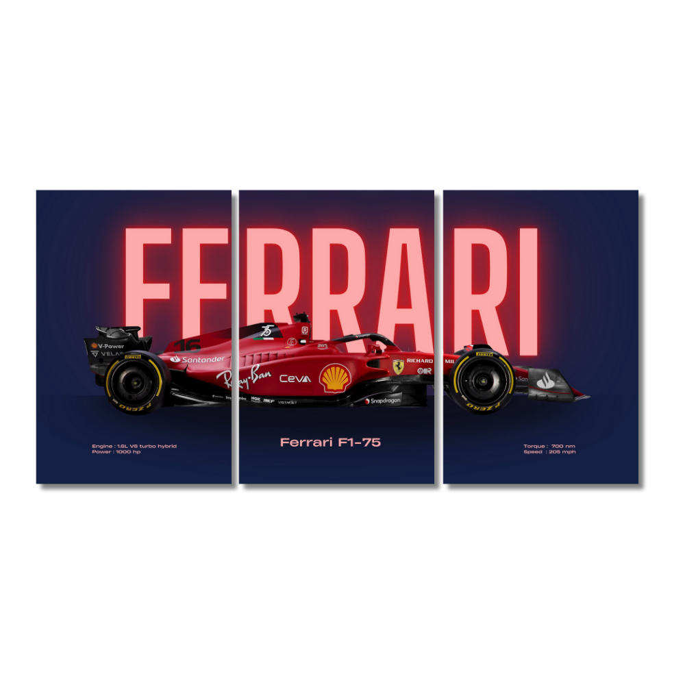 Ferrari F1-75 Formula 1 Poster – 3 Panel Split Wall Art – 2022 Scuderia Ferrari F1 Car Frame with Neon Branding, Ferrari F1-75 poster, Scuderia Ferrari wall art, 2022 Ferrari F1 car print, F1-75 split panel frame, Charles Leclerc Ferrari poster, Formula 1 Ferrari art, red Ferrari F1 team decor, hybrid F1 car poster, neon Ferrari print, Ferrari racing memorabilia Charles Leclerc and Carlos Sainz.