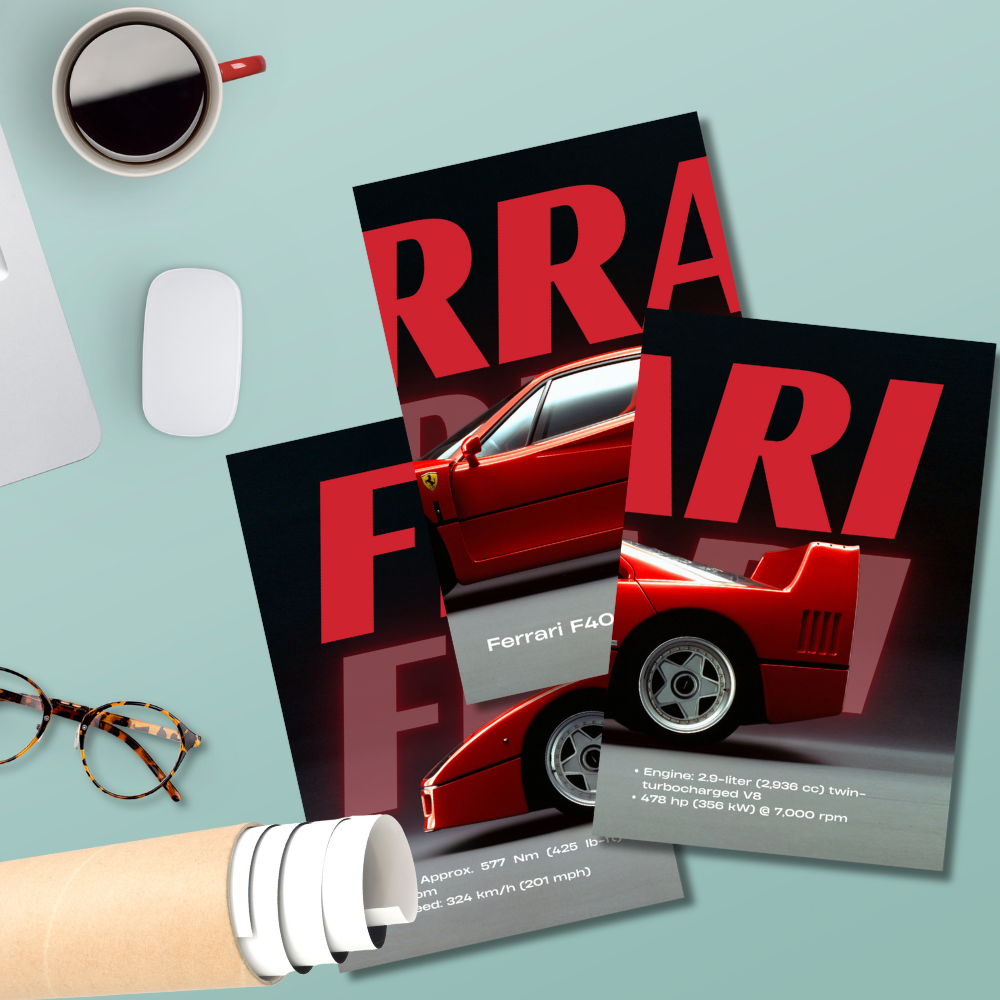 Ferrari F40 Red Supercar Poster – 3 Panel Split Wall Art (1987–1992) – Iconic Sports Car