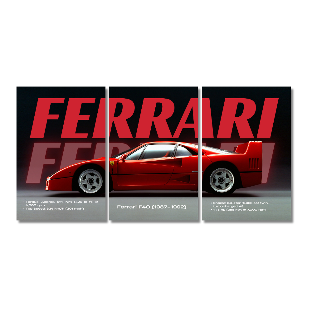 Red Ferrari F40 (1987–1992) set of 3 Split Posters side view with bold red FERRARI text and performance stats, Ferrari F40 poster, red Ferrari wall art, Ferrari split panel frame, supercar wall decor, classic Ferrari car print, F40 garage artwork, Ferrari 1987 to 1992 poster, vintage Ferrari print, fast car wall poster, Ferrari F40 specs art, The Ferrari F40 (1987–1992)