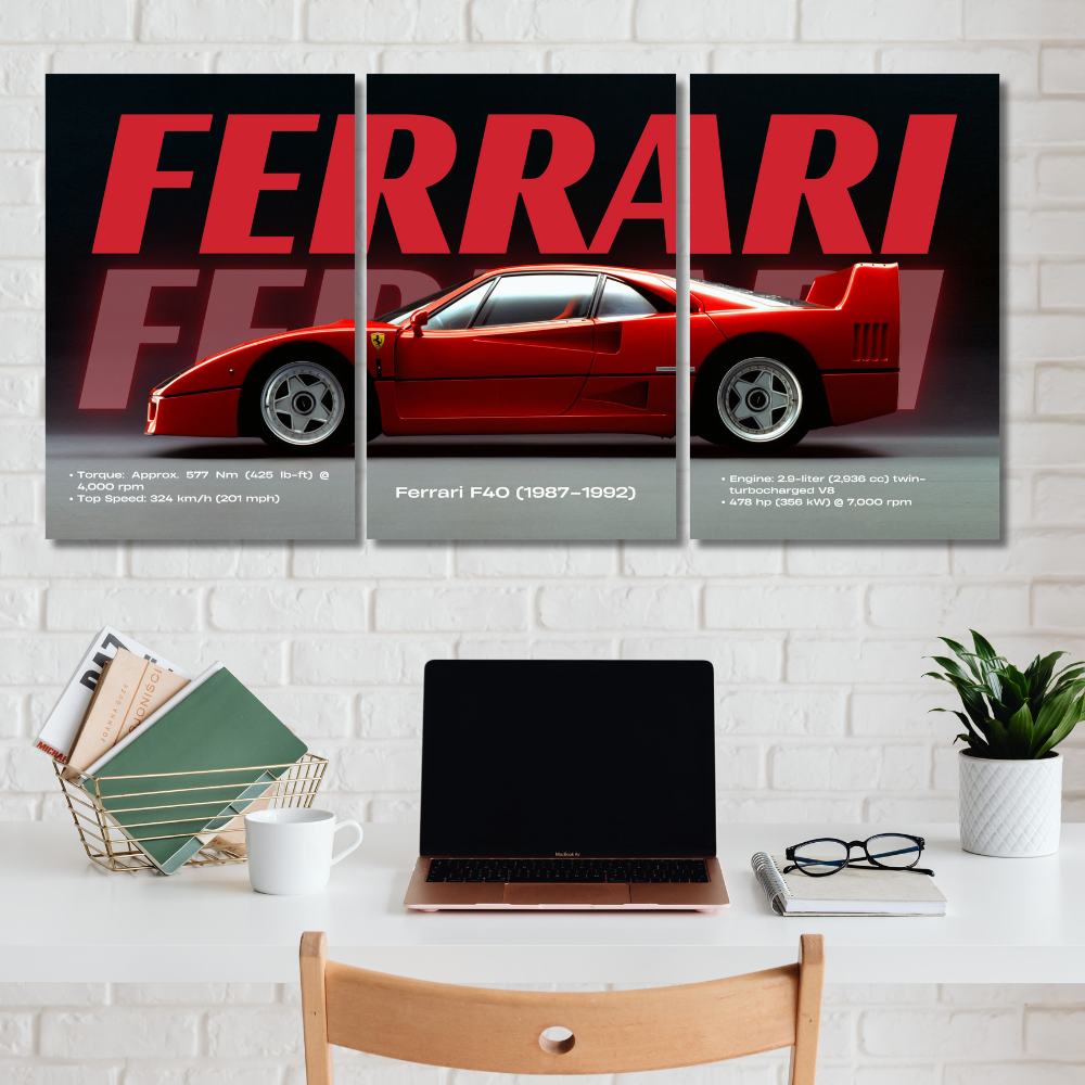 Ferrari F40 Red Supercar Poster – 3 Panel Split Wall Art (1987–1992) – Iconic Sports Car