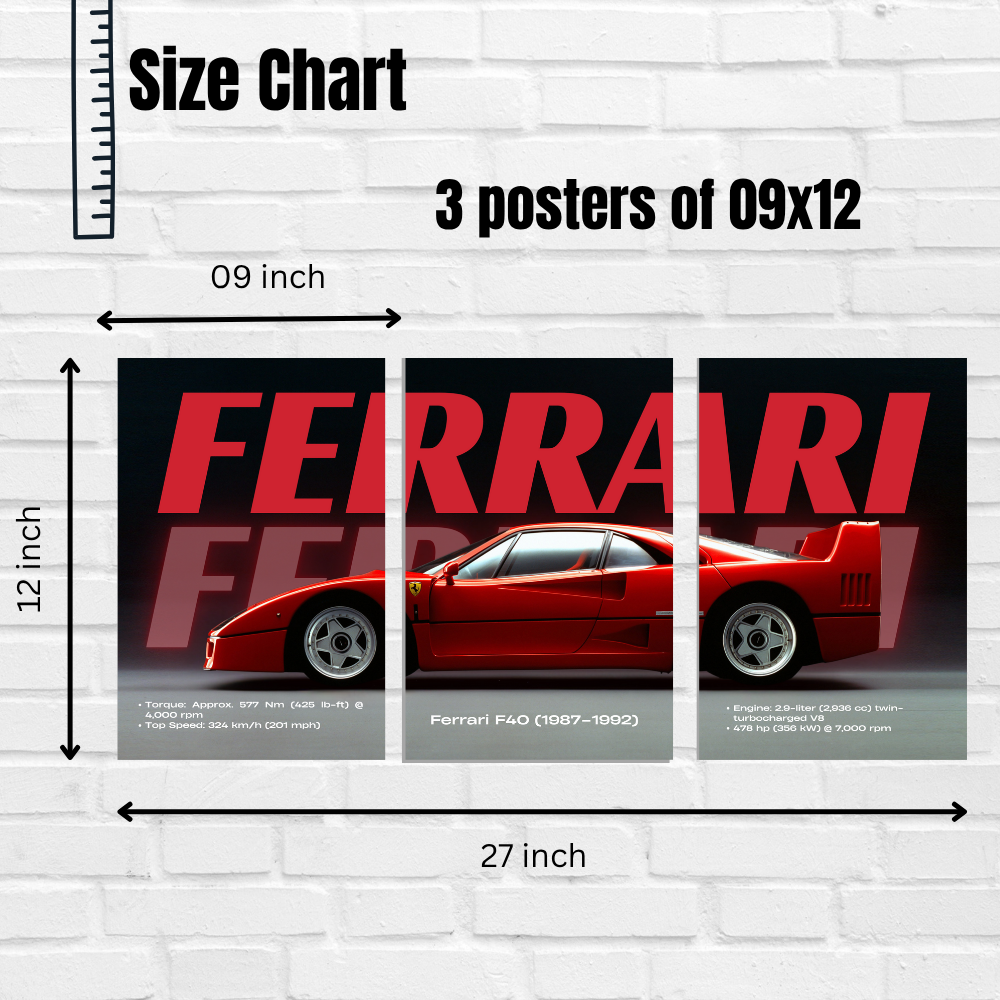 Ferrari F40 Red Supercar Poster – 3 Panel Split Wall Art (1987–1992) – Iconic Sports Car