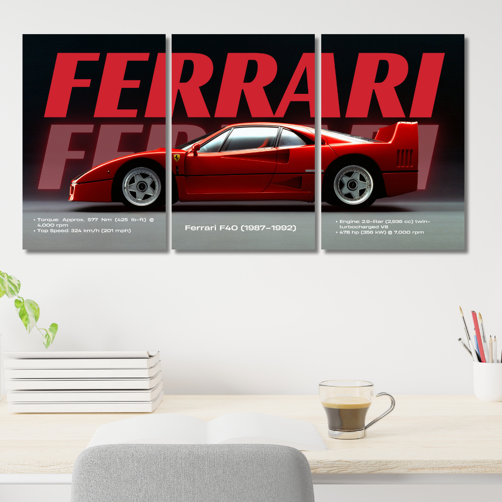 Ferrari F40 Red Supercar Poster – 3 Panel Split Wall Art (1987–1992) – Iconic Sports Car