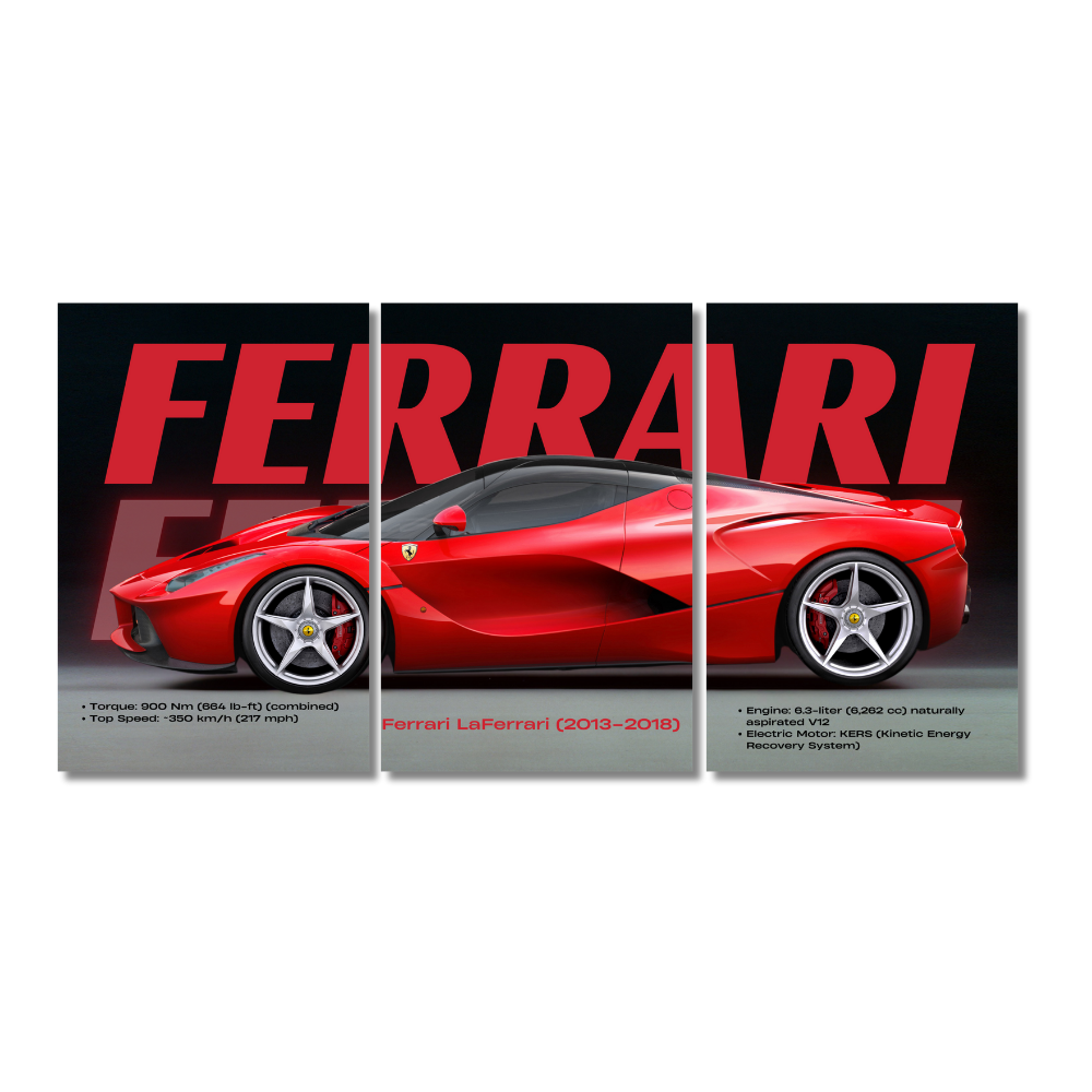 Ferrari LaFerrari Hybrid Supercar Poster – 3 Panel Split Wall Art (2013–2018) – Red Hypercar Print for Home, Garage & Office Decor. Ferrari LaFerrari poster, Ferrari wall art, LaFerrari split panel frame, hybrid supercar artwork, red Ferrari print, Ferrari LaFerrari wall decor, luxury car poster, LaFerrari V12 electric print, Ferrari hypercar picture, Ferrari 2013–2018 art. The Ferrari LaFerrari (2013–2018) is a masterpiece of hybrid hypercar