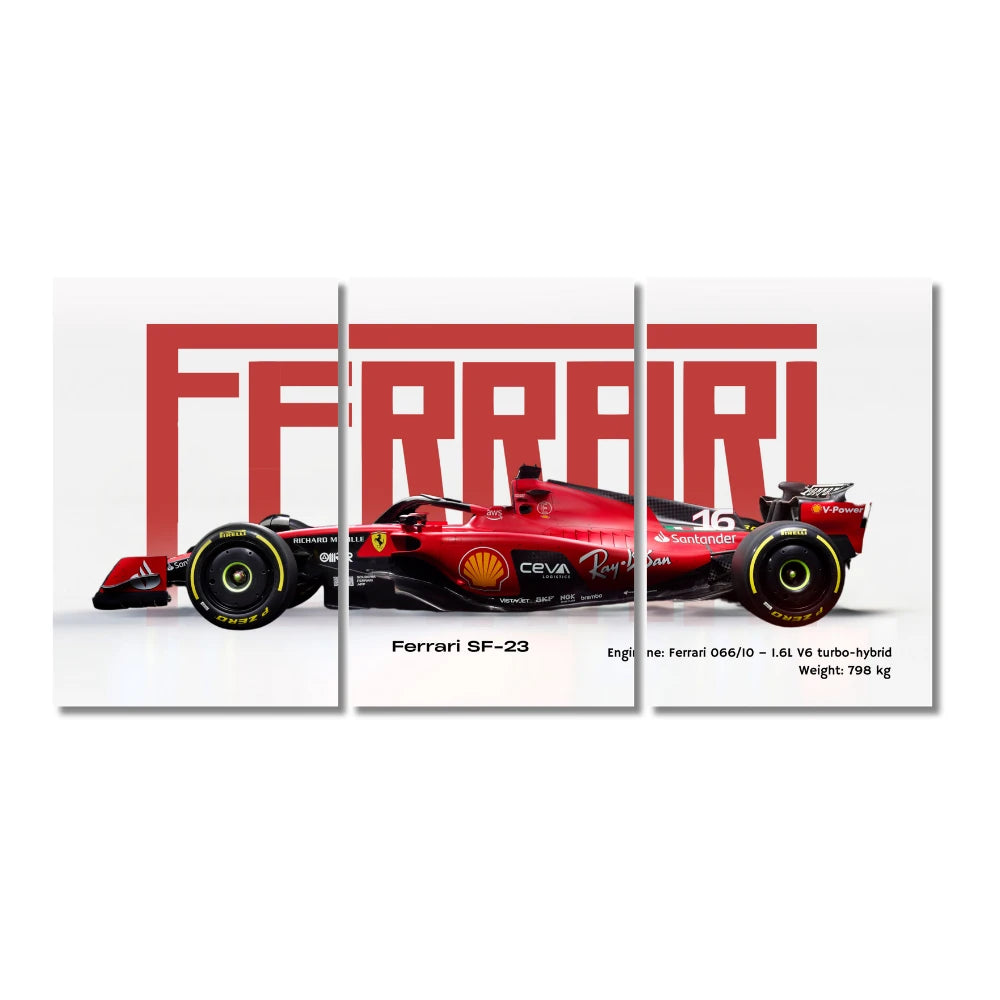 Ferrari SF-23 Formula Set of 3 Split Posters S1 race car in red with large Ferrari branding and technical Ferrari SF-23 poster, F1 Ferrari wall art, Formula 1 racing car print, Charles Leclerc Ferrari SF23, Ferrari split panel artwork, 2023 Ferrari F1 car, turbo hybrid F1 poster, Scuderia Ferrari wall decor, Ferrari SF-23 specs art, Ferrari race car