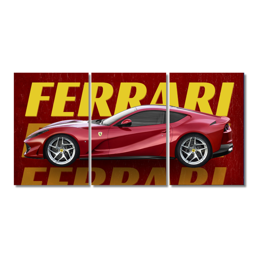 Ferrari 3-panel split wall poster featuring a red luxury sports car on bold red background with large yellow “FERRARI”. Ferrari poster, red sports car wall art, Ferrari car frame, supercar wall decor, Ferrari 812 Superfast artwork, luxury vehicle poster, automotive wall frame, exotic car art print, car enthusiast gift, Italian supercar decor, speed car poster