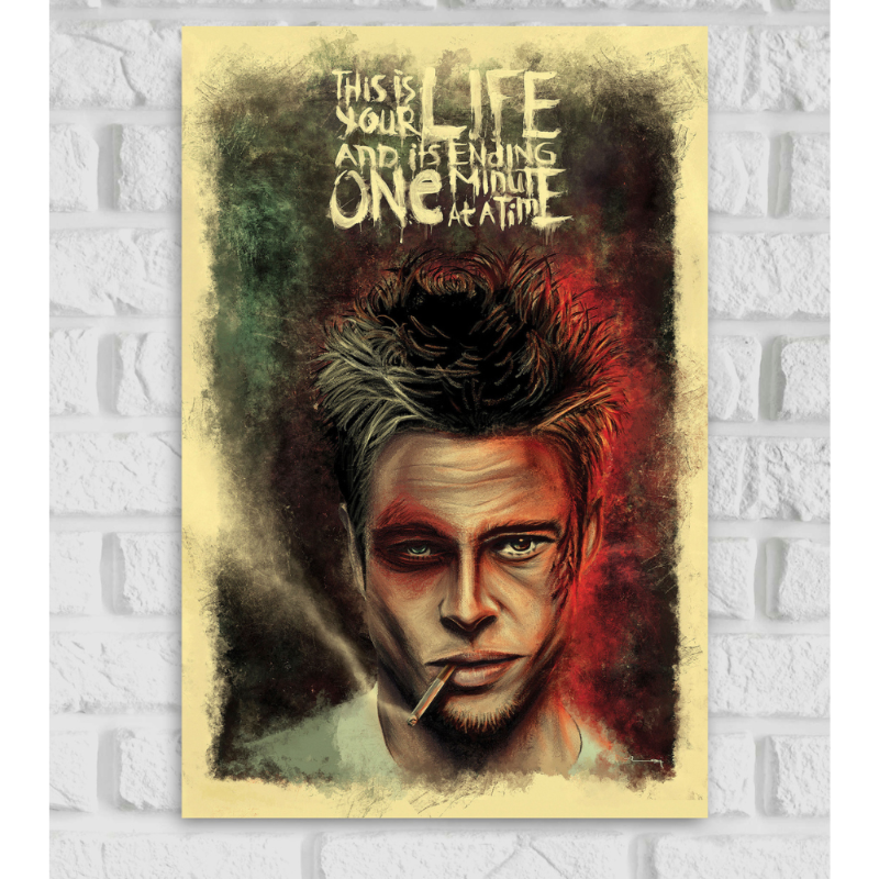 Poster of the movie 'Fight Club' featuring a painted portrait of Tyler Durden, played by Brad Pitt, with a cigarette in his mouth. The background has an abstract mix of dark red, green, and black tones, creating a grungy and intense atmosphere. At the top left, a quote in a distressed white font reads: 'This is your life and it’s ending one minute at a time.'