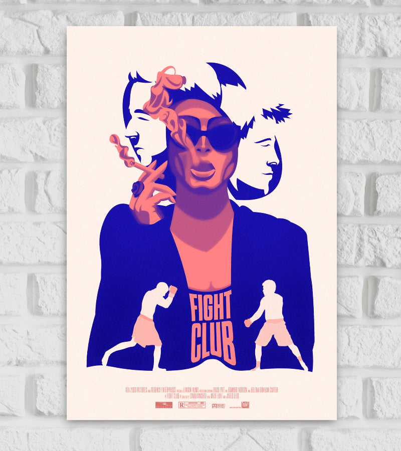 A stylized, minimalist poster for the movie "Fight Club," featuring a bold graphic of a woman with sunglasses smoking a cigarette in shades of purple, pink, and orange. Behind her are abstract outlines of two male faces, and at the bottom, two fighters are shown in a boxing stance, with the "Fight Club" title in large bold letters across the center. The design has a cream background and is displayed against a white brick wall American Hollywood Action Thriller Movie Beautiful Wall Decor Matte finish Poster